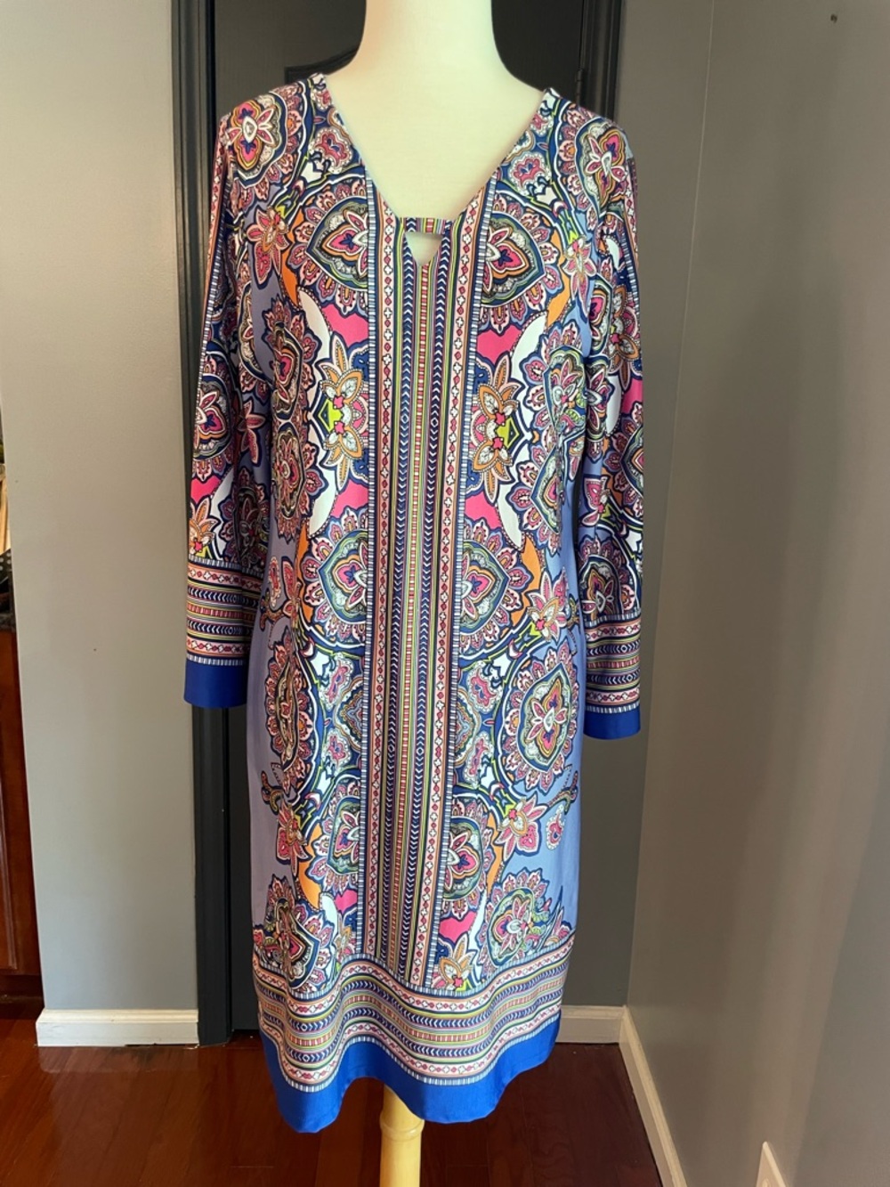 Melissa Paige Lavender Paisley Long Sleeve Shift Dress with Blue Accents